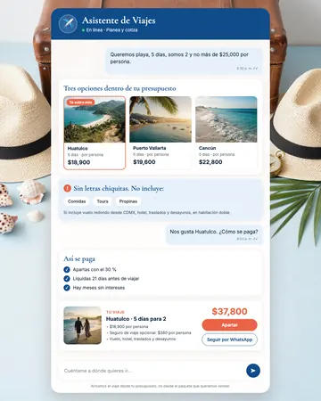 Pantalla del asistente de agencias de viajes