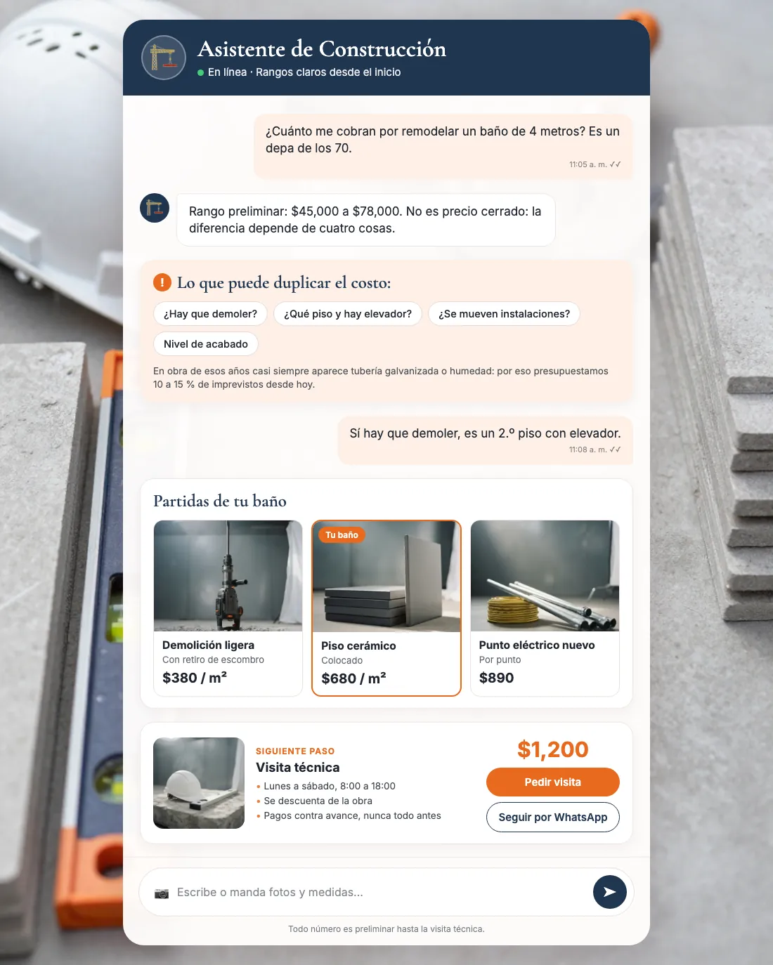 Pantalla del asistente de construcción y remodelación: Memo contestando en Constructora Plomada