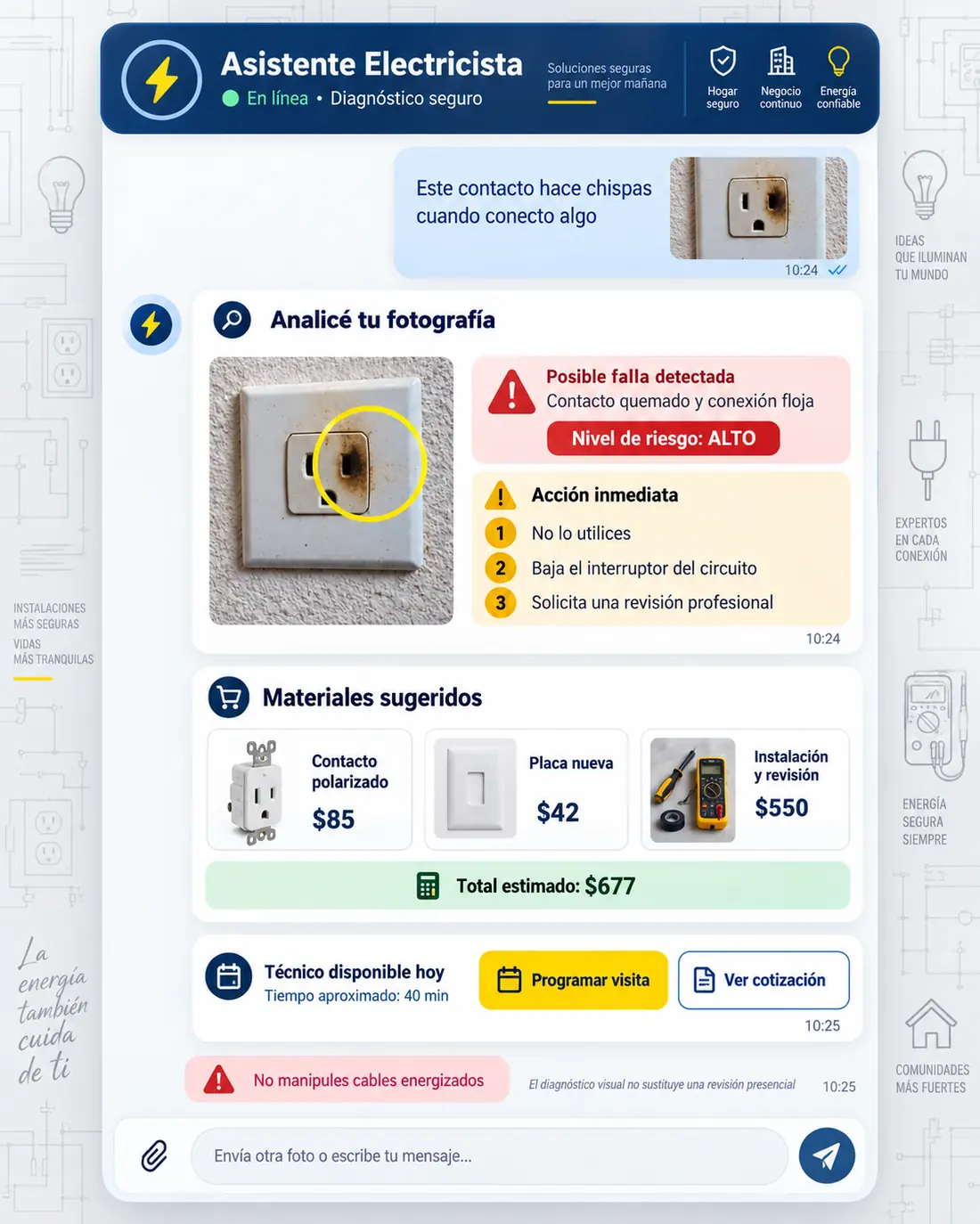 Pantalla del asistente de instalaciones y reparaciones eléctricas: Rubén contestando en Nodo Eléctrico