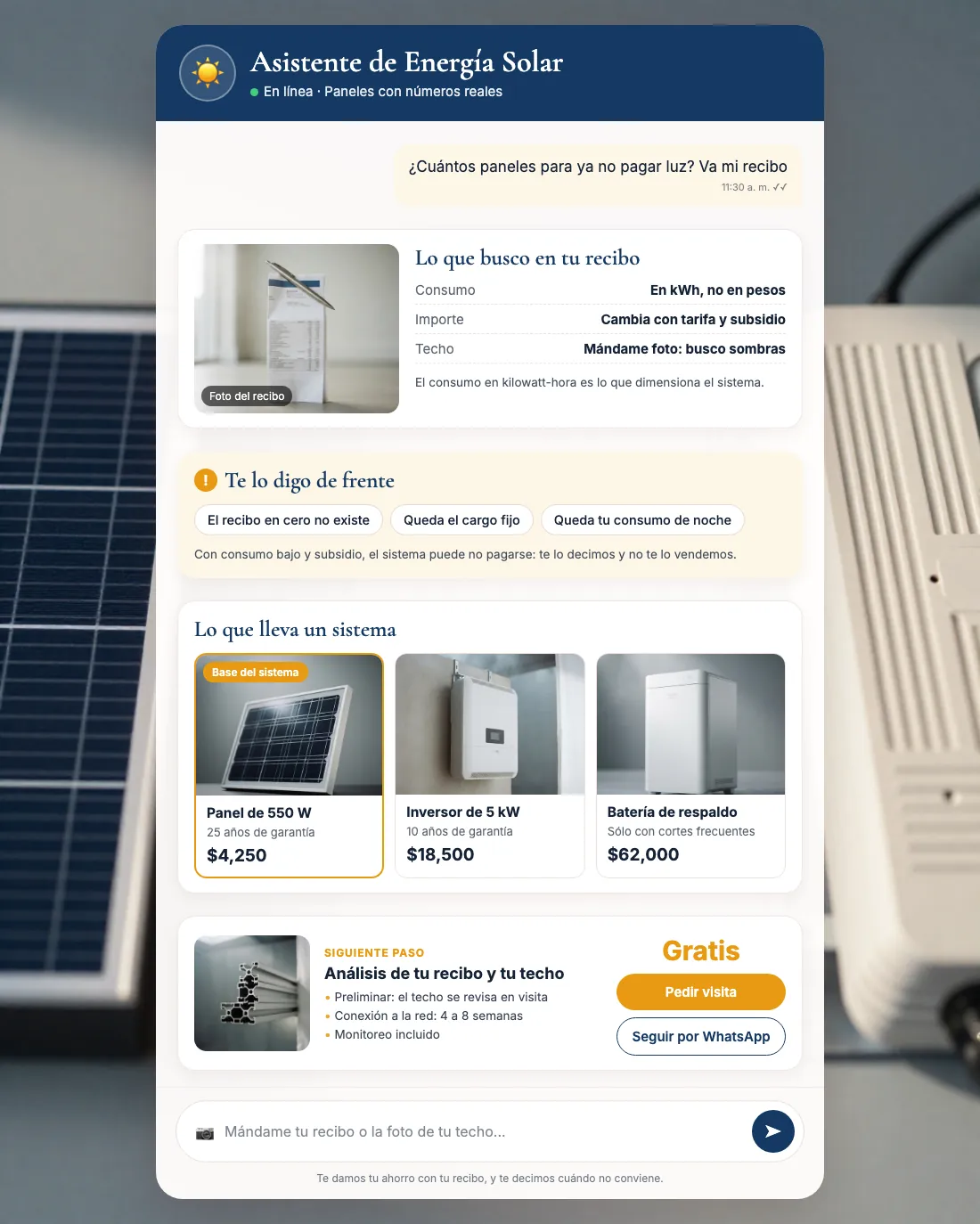 Pantalla del asistente de energía solar: Andrés contestando en Solar Techo Alto