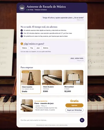 Pantalla del asistente de escuelas de música