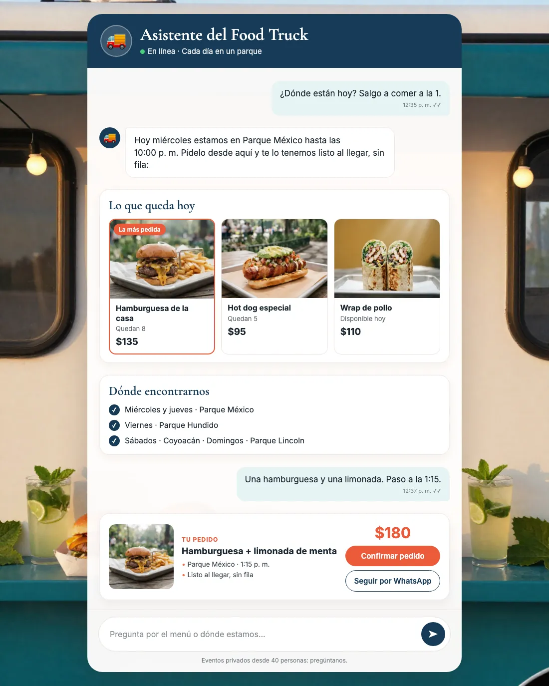 Pantalla del asistente de food truck: Dani contestando en Food Truck Rueda Libre