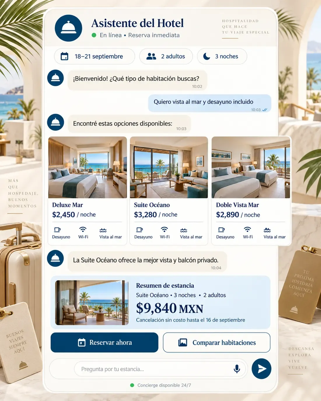 Pantalla del asistente de hotel boutique de playa: Camila contestando en Hotel Bahía Lumen