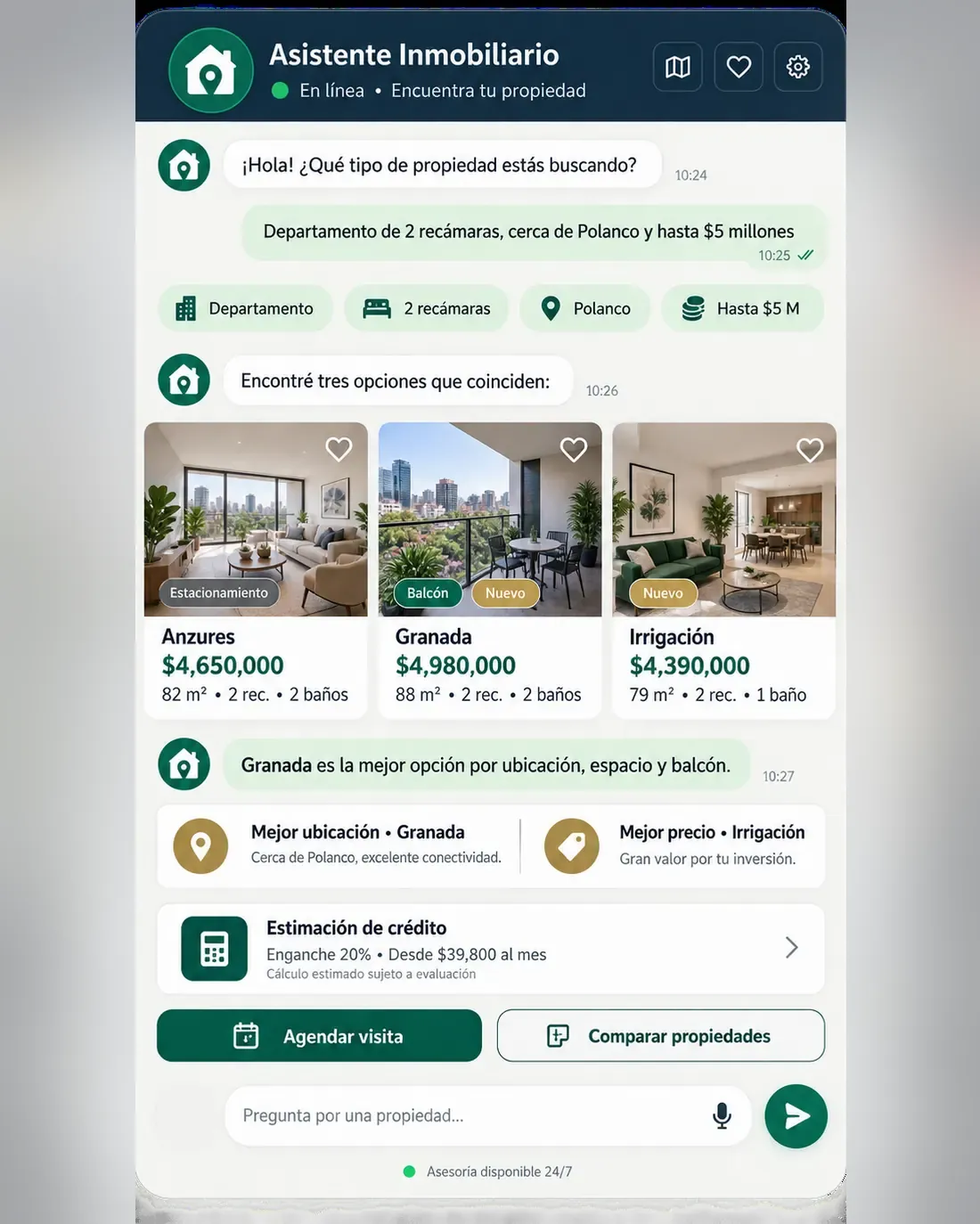 Pantalla del asistente de inmobiliaria: Diego contestando en Habitat Inmobiliaria Sur
