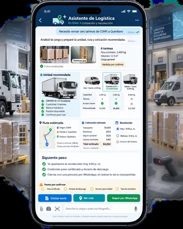 Pantalla del asistente de logística y transporte de carga