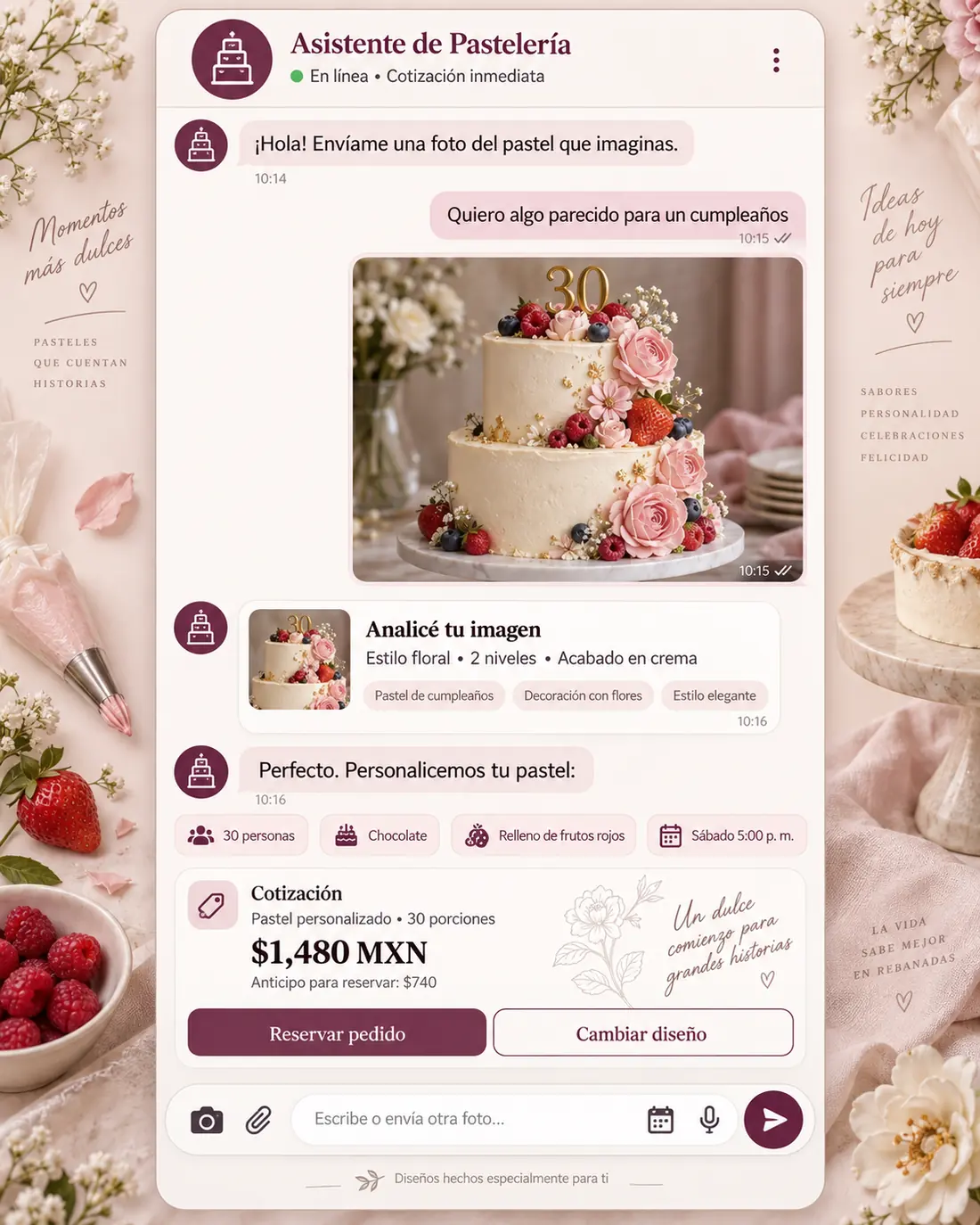 Pantalla del asistente de pastelería por encargo: Valeria contestando en Pastelería Azahar