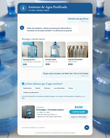 Pantalla del asistente de purificadoras de agua