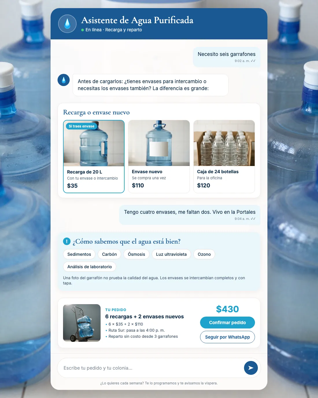 Pantalla del asistente de purificadora y reparto de agua: Male contestando en Purificadora Agua Clara del Sur