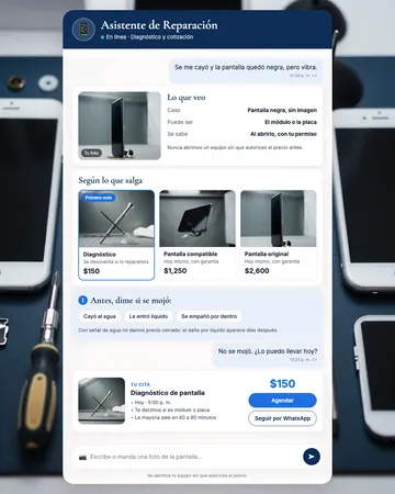 Pantalla del asistente de reparación de celulares