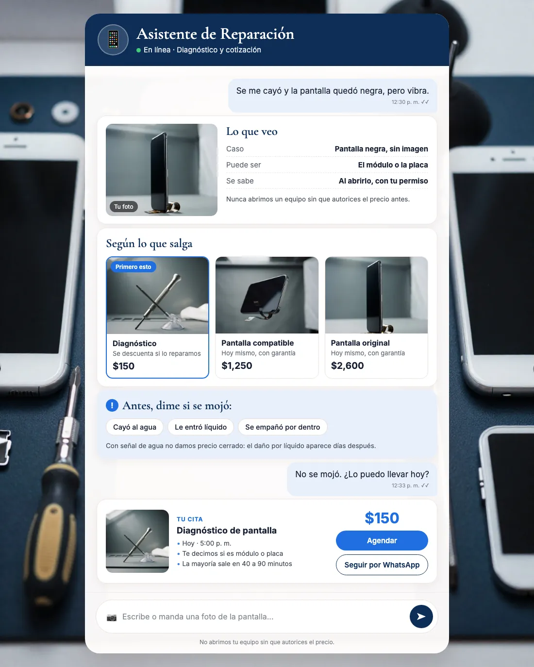 Pantalla del asistente de reparación de celulares: Kike contestando en Taller Móvil Ohm