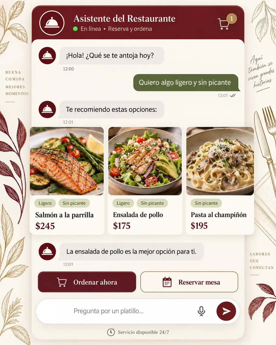 Pantalla del asistente de restaurante de cocina mexicana: Ana contestando en La Terraza de Coyoacán