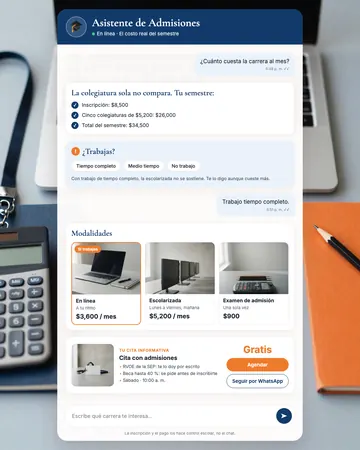 Pantalla del asistente de universidades