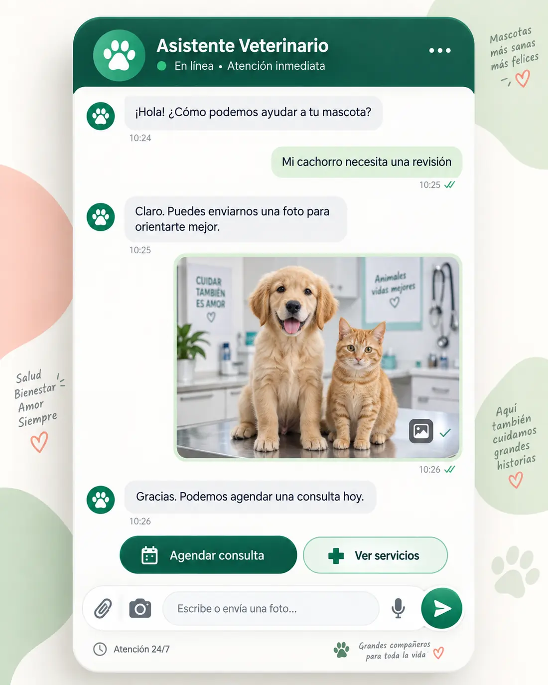 Pantalla del asistente de clínica veterinaria y estética canina: Lucía contestando en Veterinaria Patitas Roma